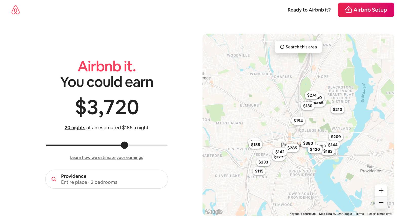 airbnb host calculator for Providence