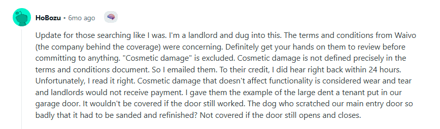 A Redditor suggests checking terms to know exclusions & deductibles.