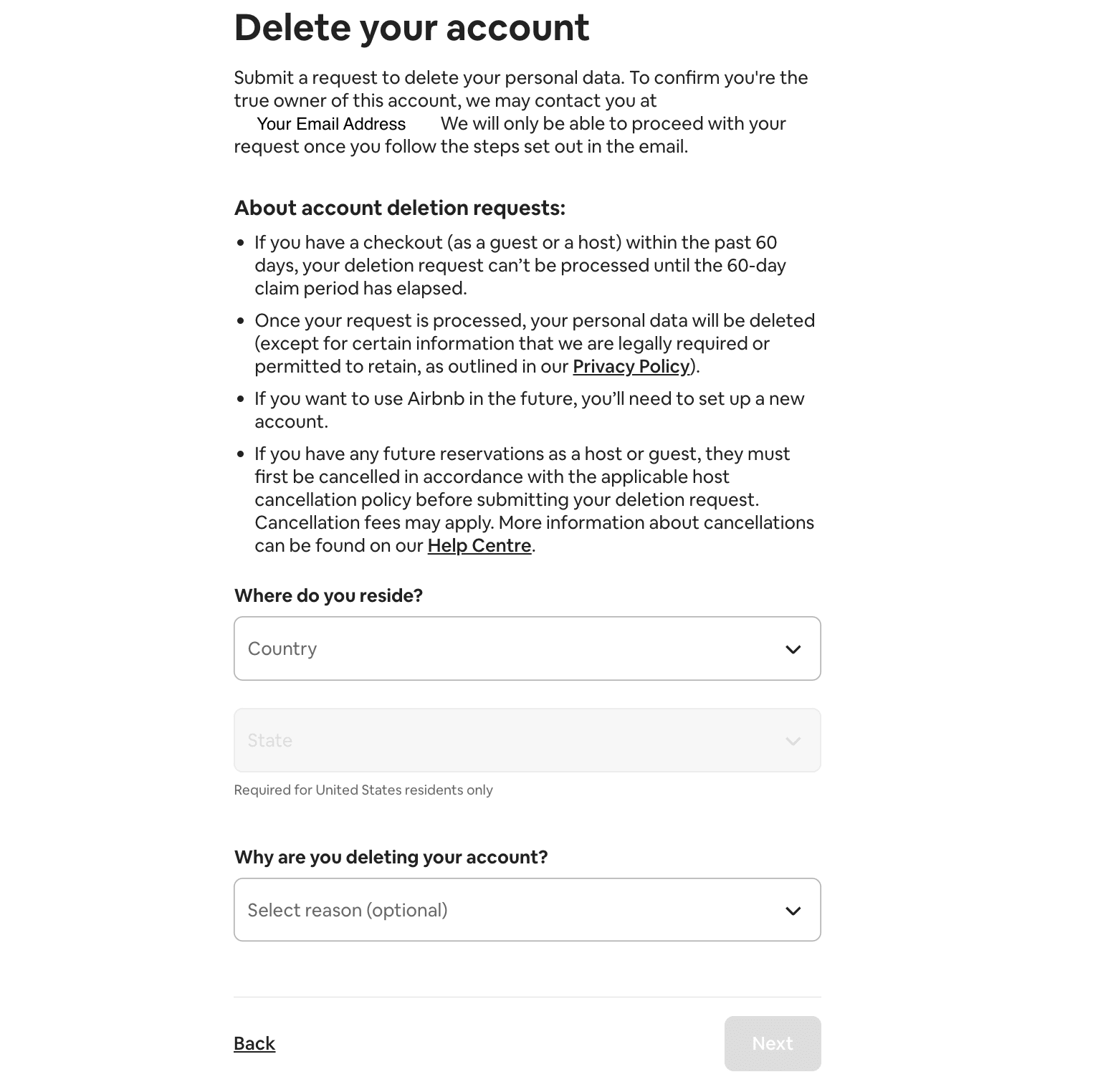 Informe os motivos para excluir sua conta do Airbnb