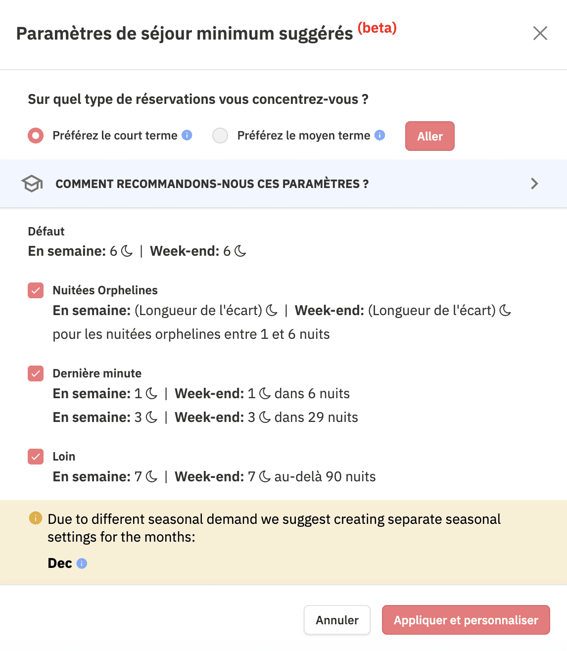 moteur recommandation nuitées minimum