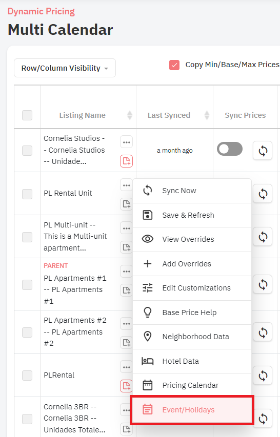 PriceLabs Calendário de Eventos