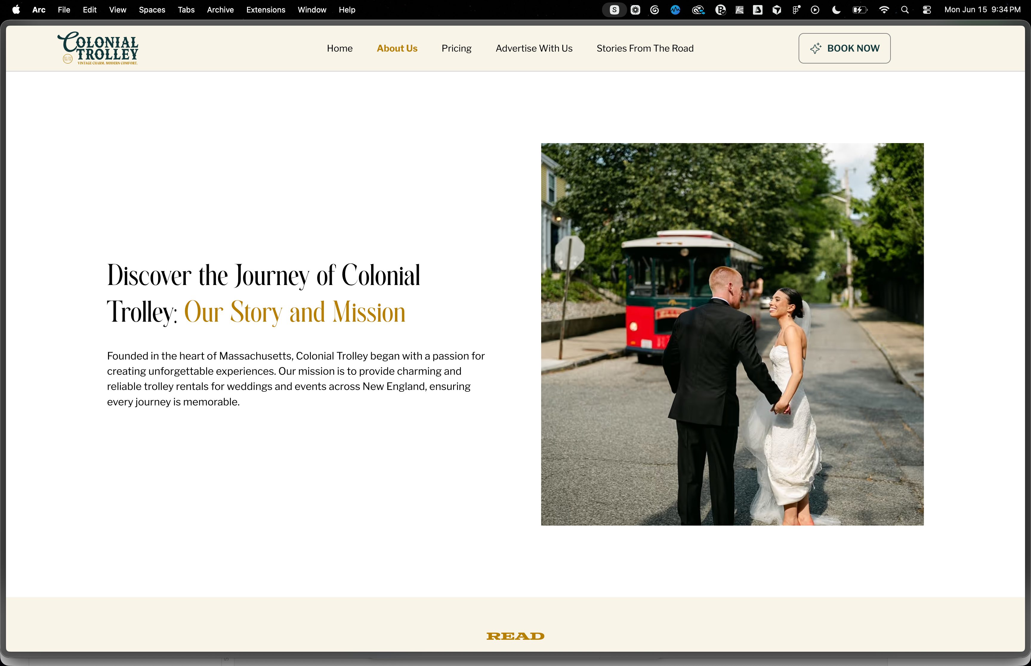 Colonial Trolley Co. marketing site shown on a MacBook Pro mockup