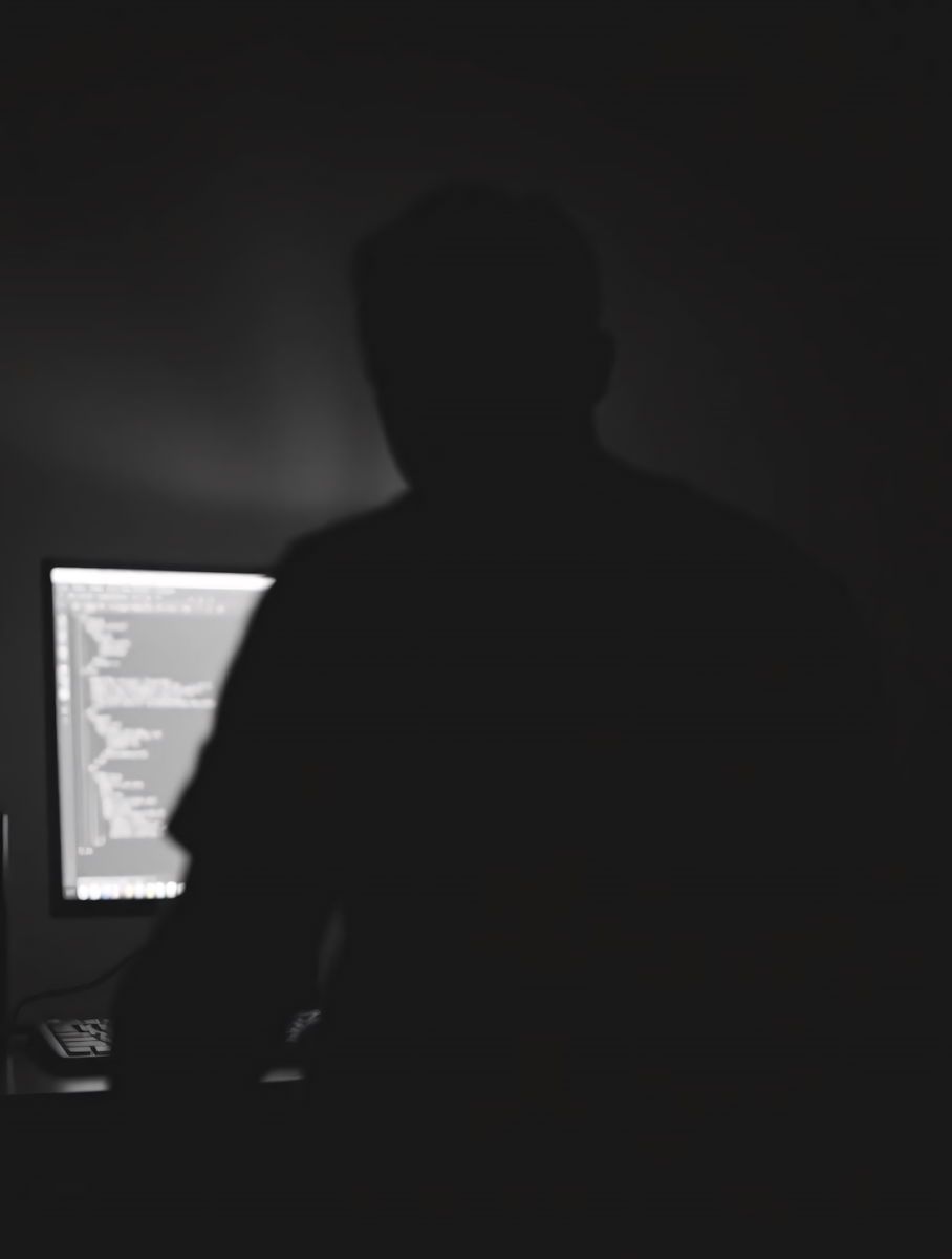 Silhouette of someone working alone at a desk in low light