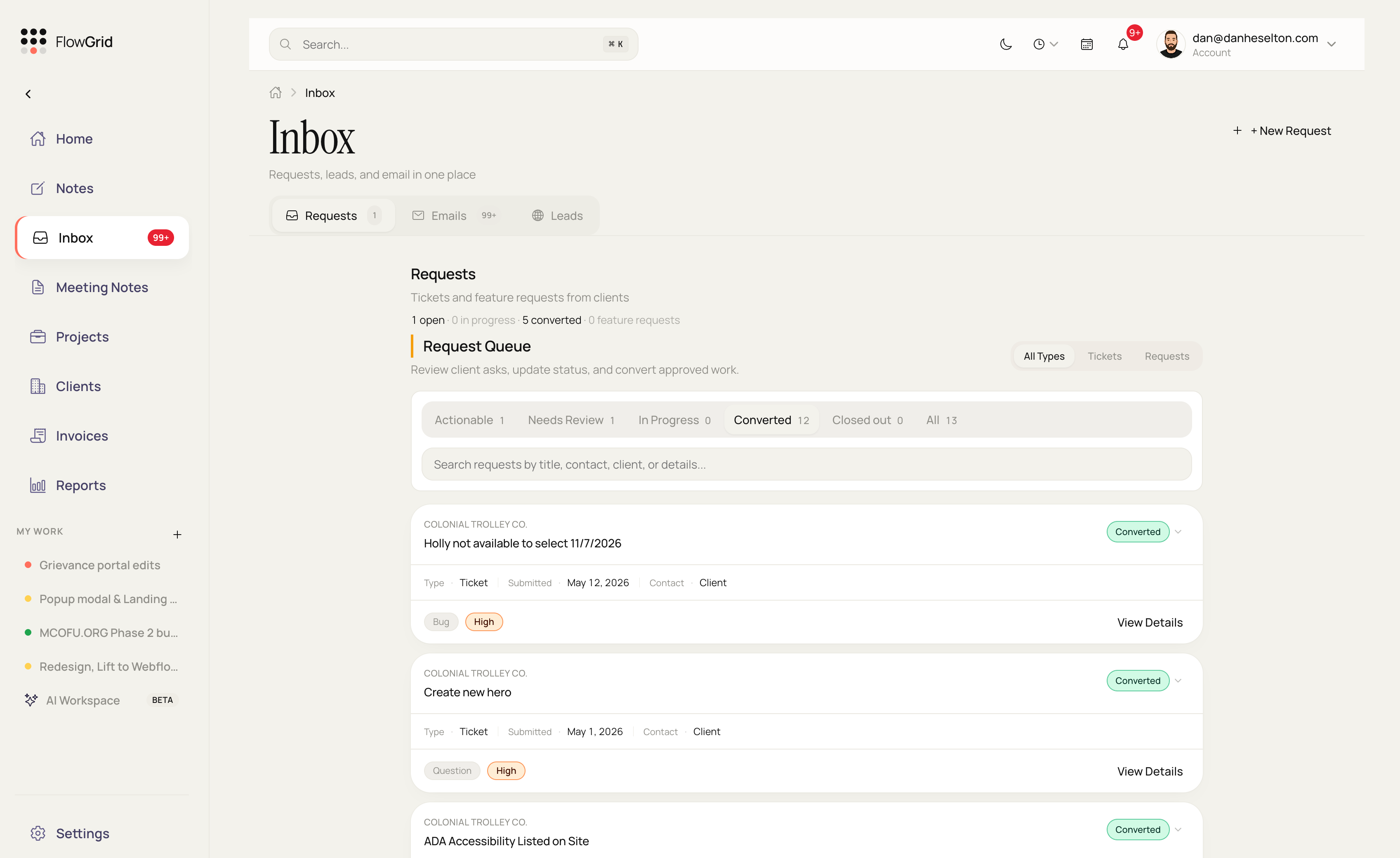 Flowgrid dashboard showing inbox with client submitted tasks