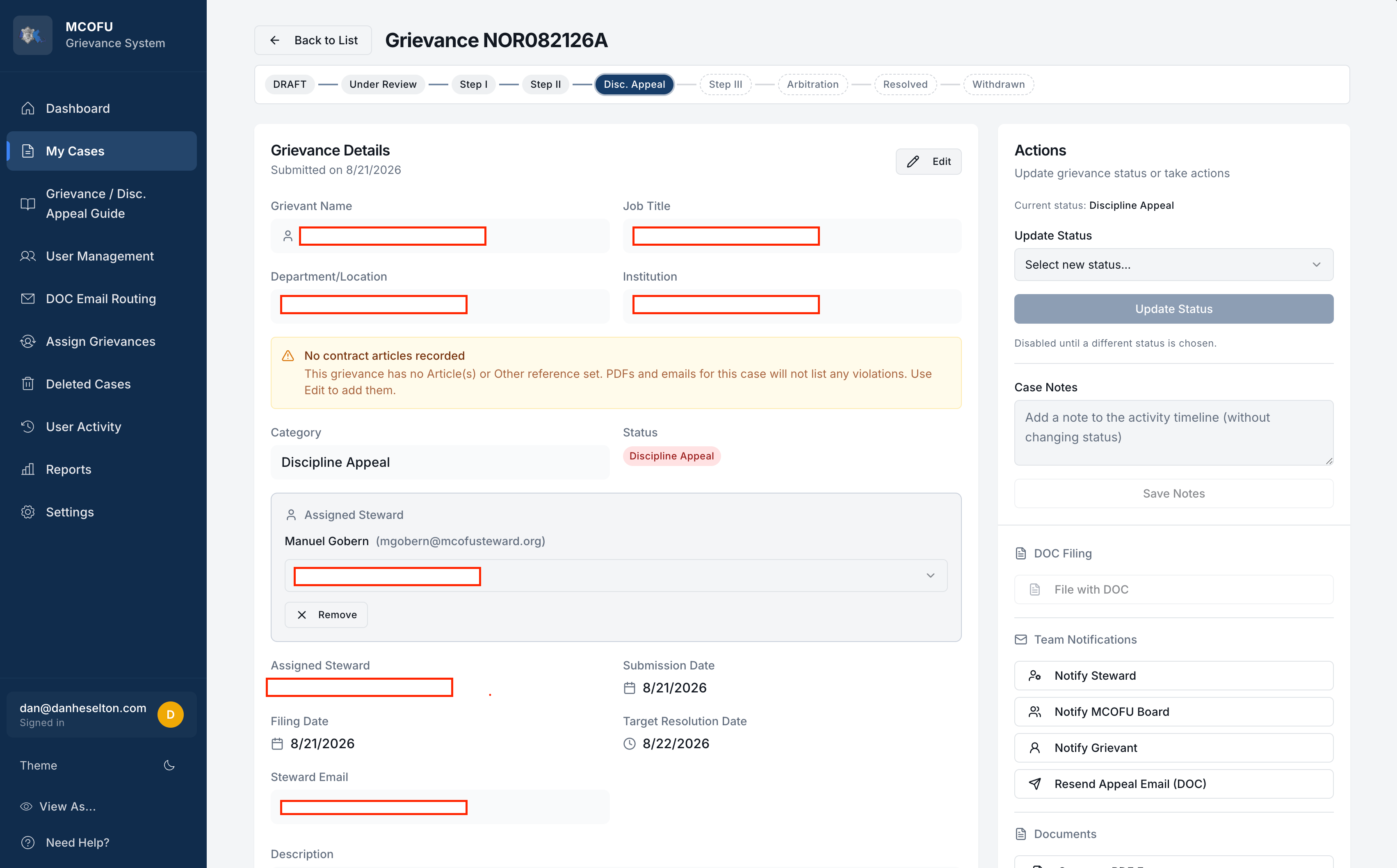 MCOFU grievance management app homepage preview