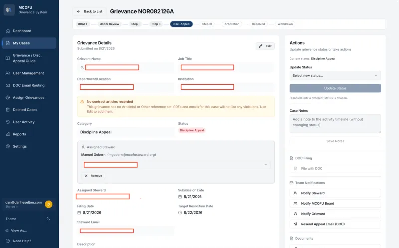 MCOFU grievance management app homepage preview