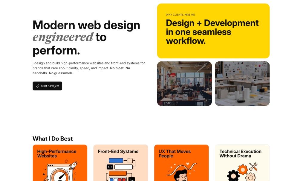 Bold high-contrast web design with yellow, black, and orange accents