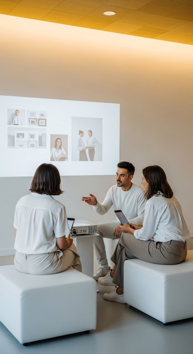 Two people in conversation, one gesturing while explaining something