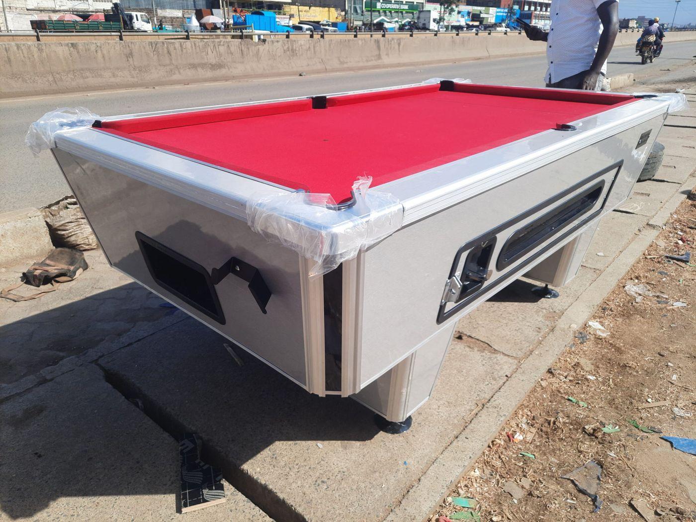 Silver Formica-Laminated Double Jointer Pool Table: silver exterior with red cloth