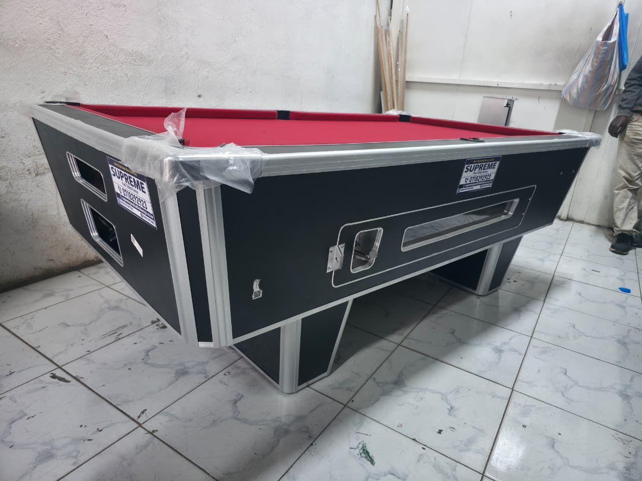 Aluminum Trimming Double Jointers Marble Top Pool Table, Leather Touch Formica: black exterior with red cloth