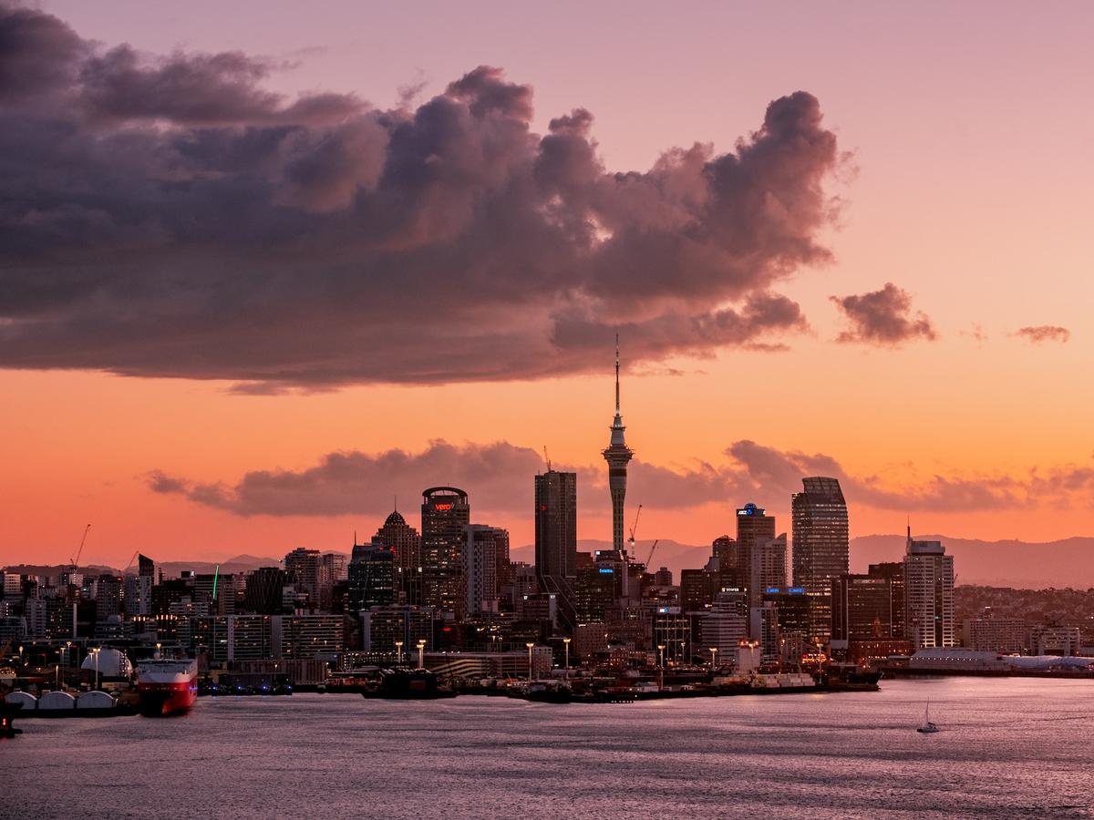 Aerial shot of Auckland skyline at dusk.
