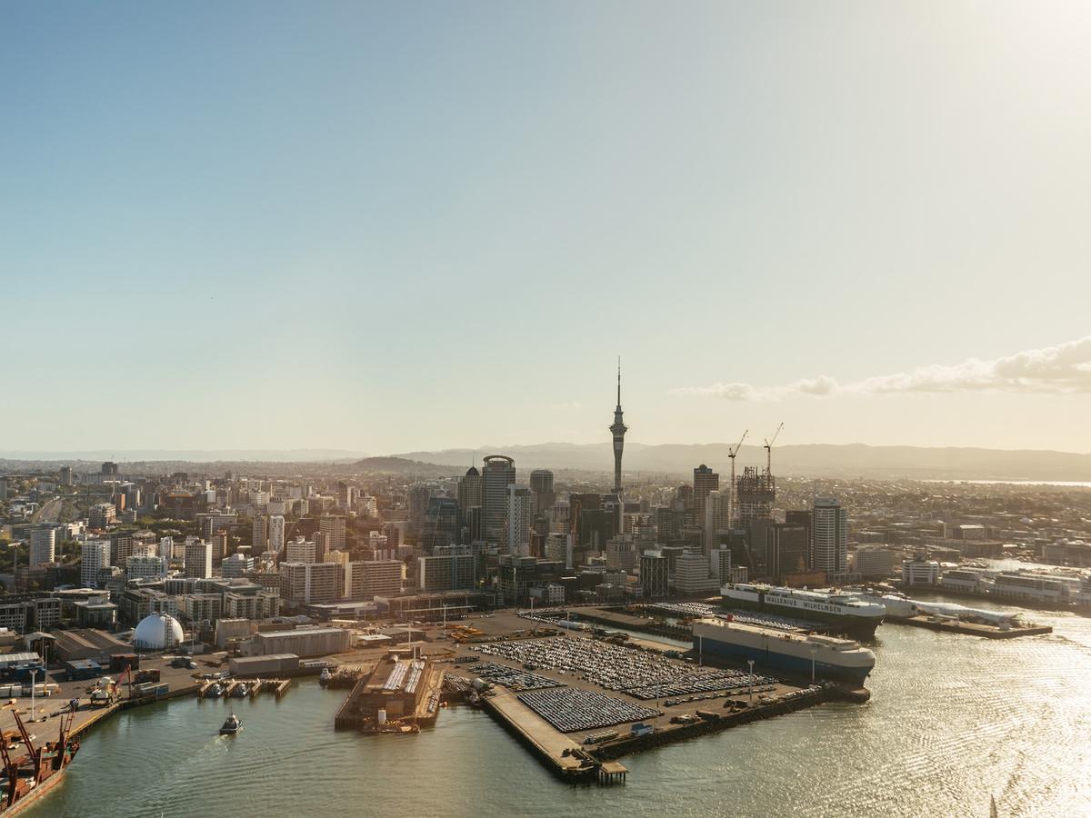 Aerial photo of Auckland CBD centred on the Sky Tower