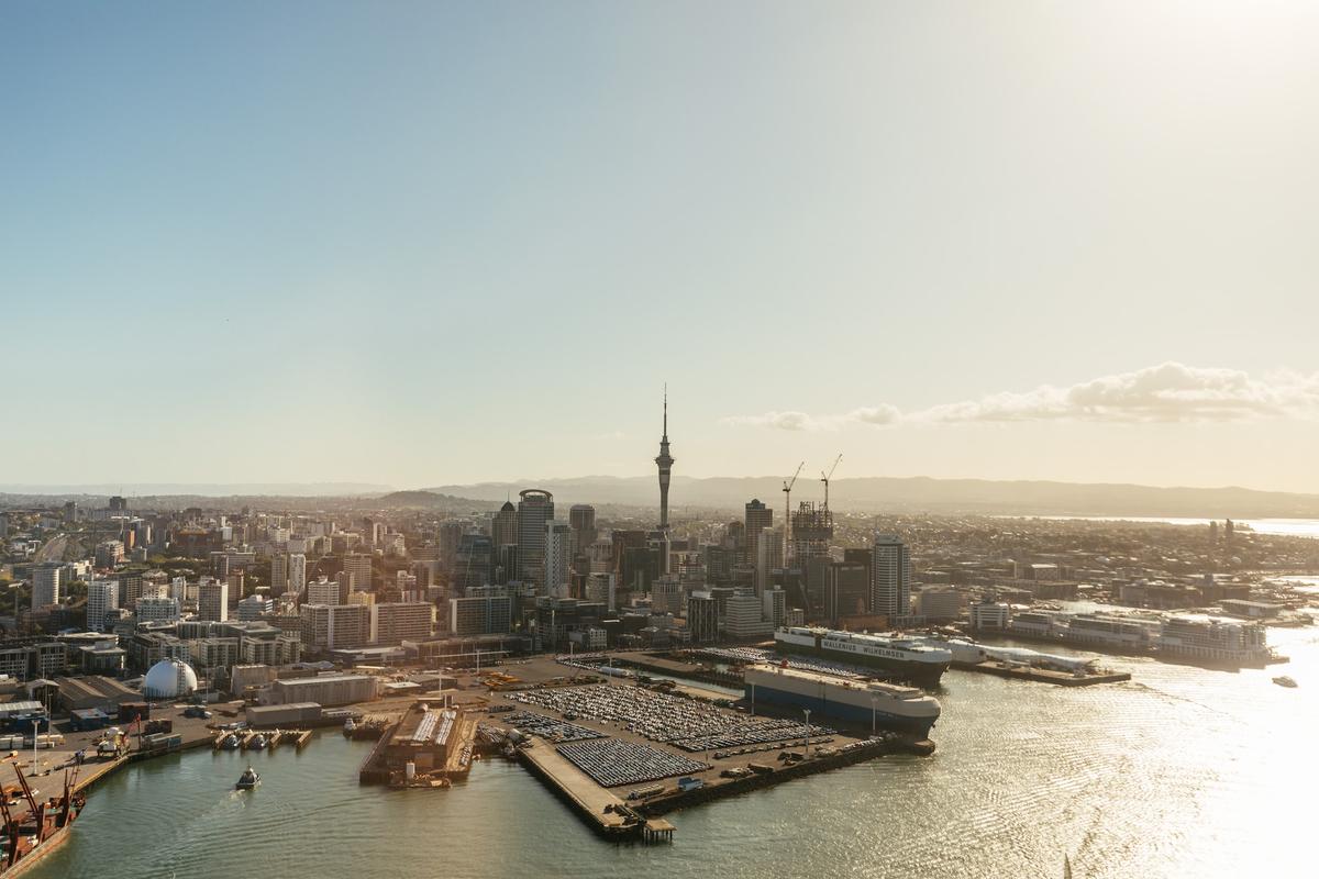 Aerial photo of Auckland CBD centred on the Sky Tower