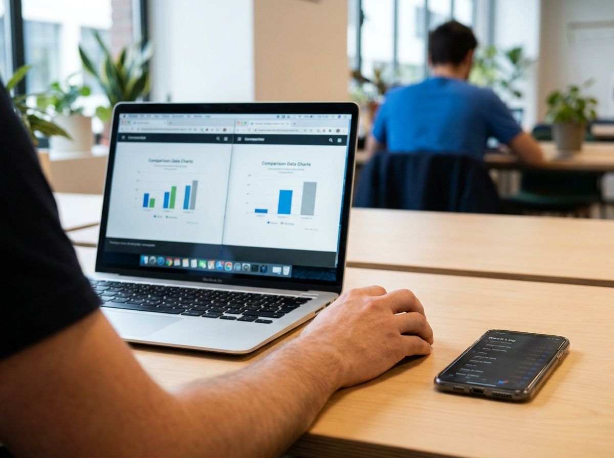 A marketer compares two affiliate-network performance dashboards side by side on a laptop in a co-working space.