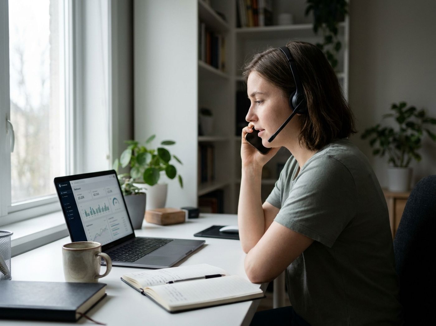 A freelance affiliate marketer wearing a headset takes an inbound phone call at a home-office desk while a performance dashboard shows on the laptop.
