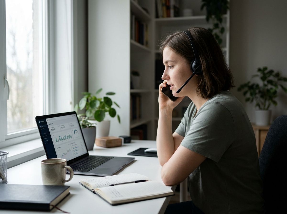 A freelance affiliate marketer wearing a headset takes an inbound phone call at a home-office desk while a performance dashboard shows on the laptop.