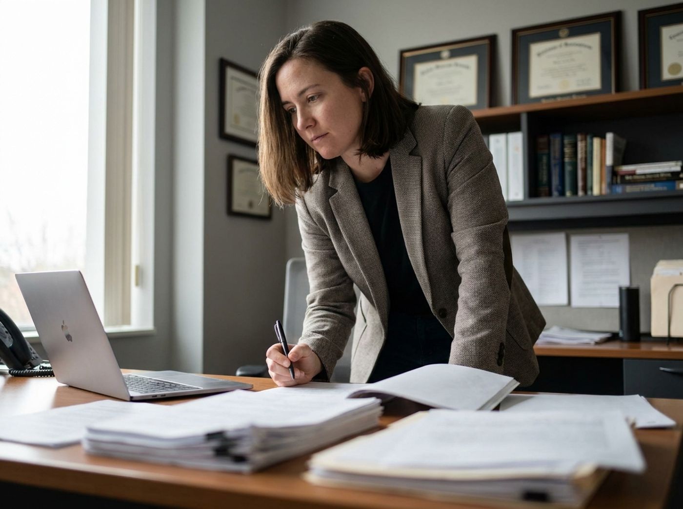 A compliance professional reviews printed lead-consent documents at a desk in an office lined with framed credentials.