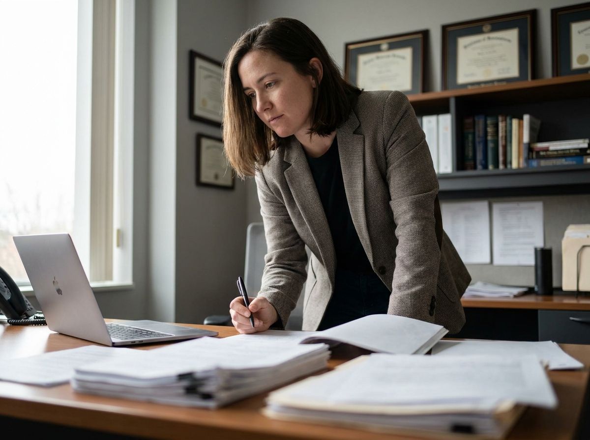 A compliance professional reviews printed lead-consent documents at a desk in an office lined with framed credentials.