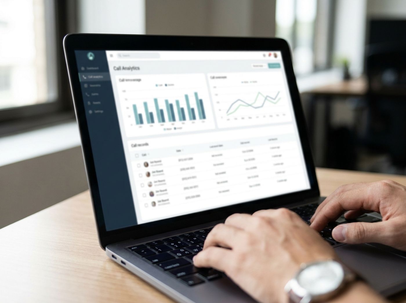 A laptop screen showing a call-tracking analytics dashboard with call-volume charts and a list of recent call records.