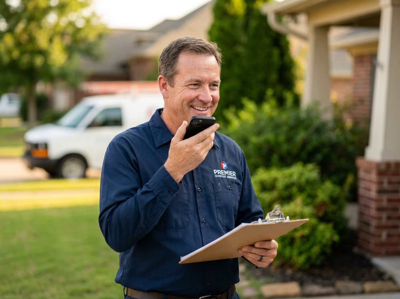 A uniformed HVAC service technician takes a phone call on a smartphone outside a customer's home, with a service van parked in the background.