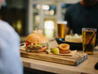 handmade burger with fried onions