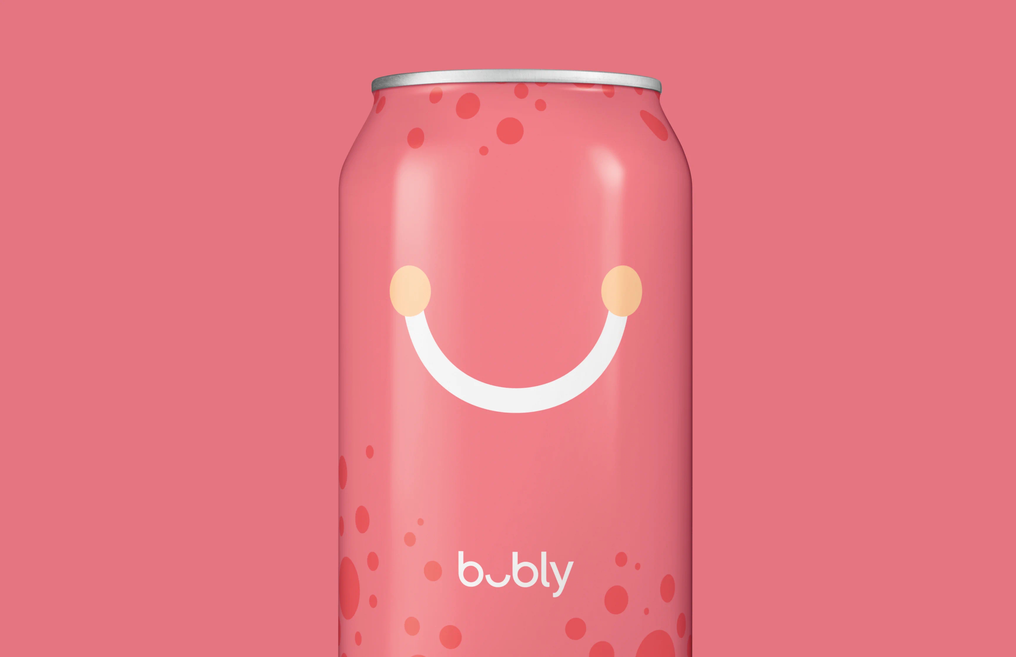 Pink can of Bubly sparkling water with a smile