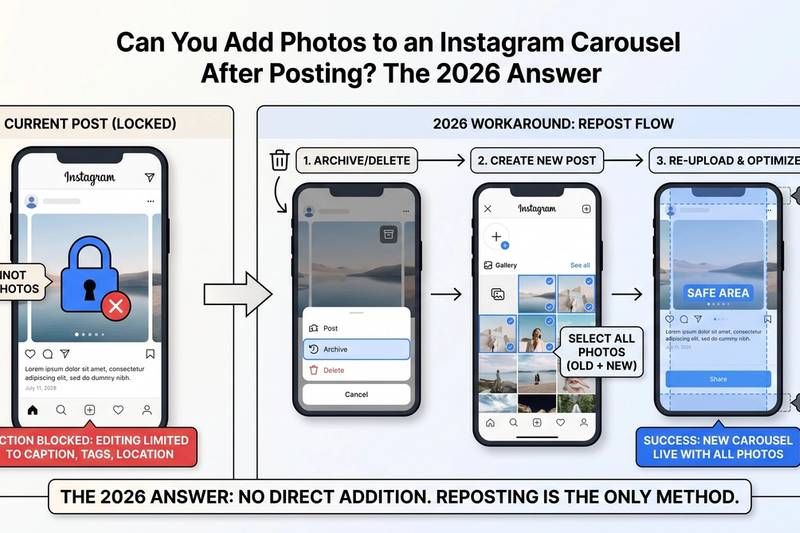 Instagram carousel post editor showing locked photos and editable caption fields