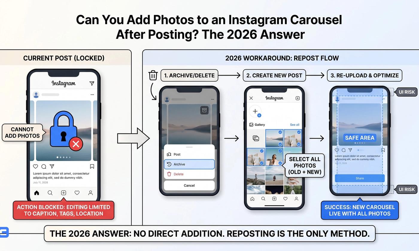 Instagram carousel post editor showing locked photos and editable caption fields