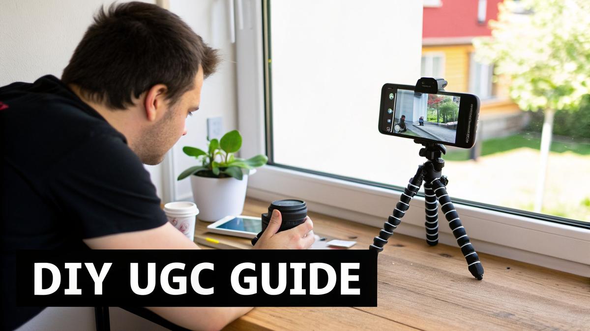 Man filming user-generated content with a smartphone on a tripod, holding a lens, by a window.