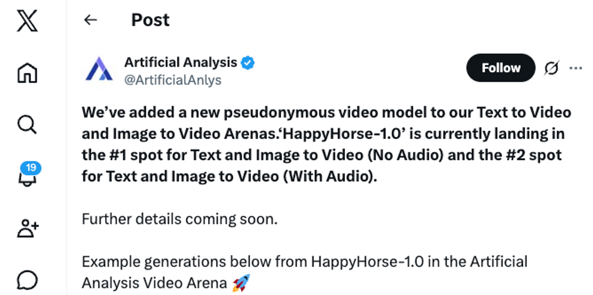 Artificial Analysis adding HappyHorse 1.0 to the Text to Video Arena