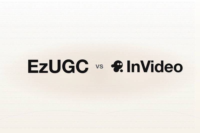 Editorial comparison banner contrasting EzUGC and InVideo for Shopify UGC and product-ad workflows