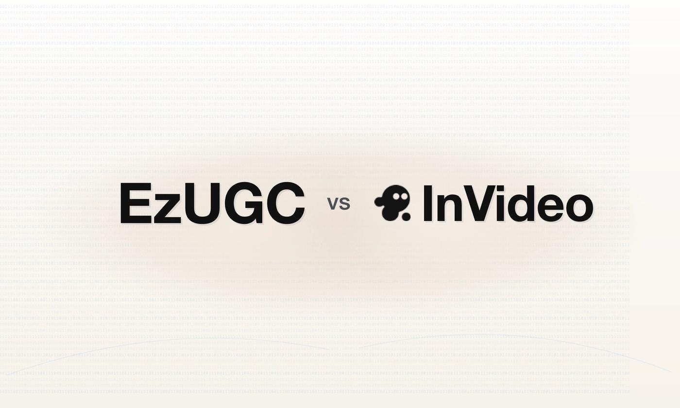 Editorial comparison banner contrasting EzUGC and InVideo for Shopify UGC and product-ad workflows