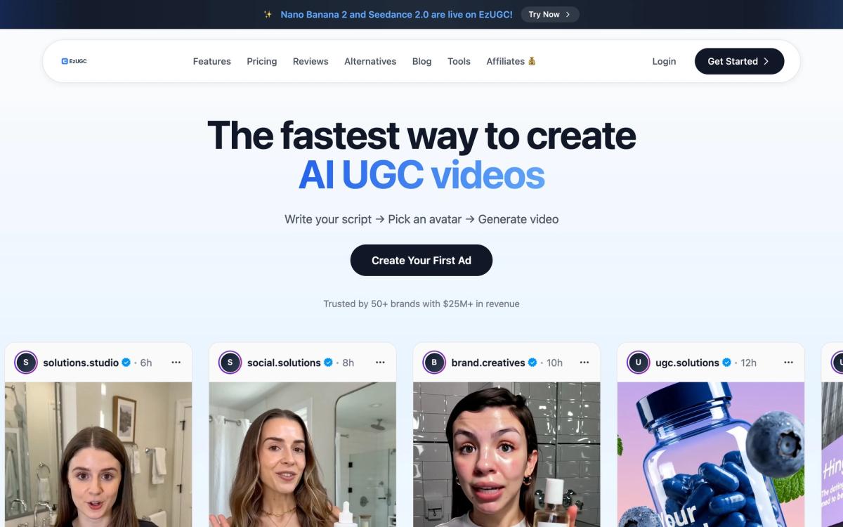 EzUGC homepage showing its AI UGC and product-ad workflow positioning