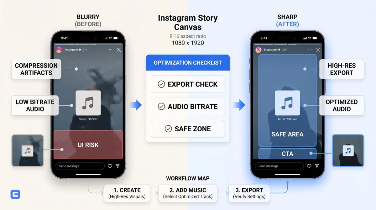 Instagram Story video turning blurry after adding a music sticker, with export settings shown beside it - infographic