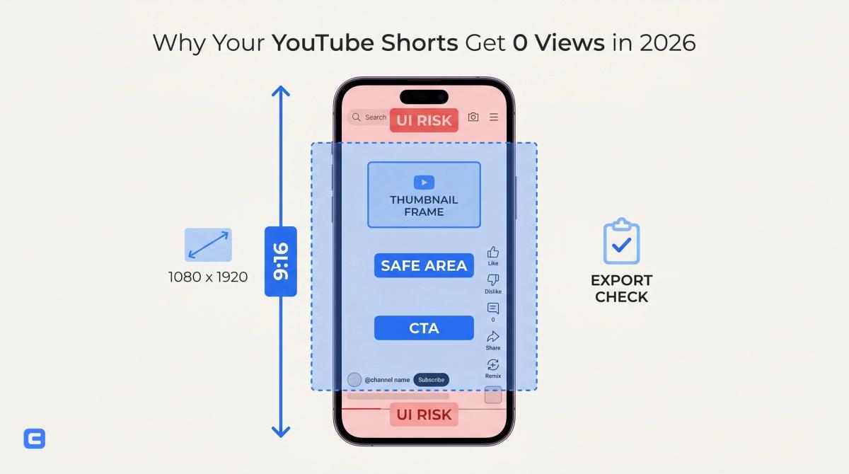 YouTube Shorts analytics screen showing zero views and a creator fixing video upload settings - infographic
