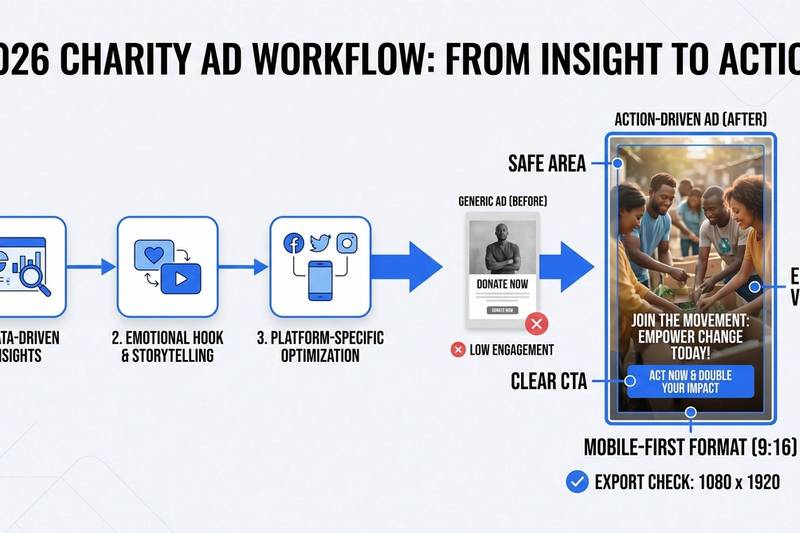 Charity video ad storyboard showing donor action, emotional hook, and measurable impact