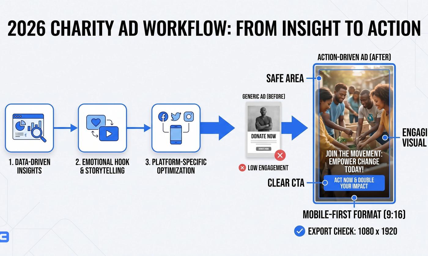 Charity video ad storyboard showing donor action, emotional hook, and measurable impact