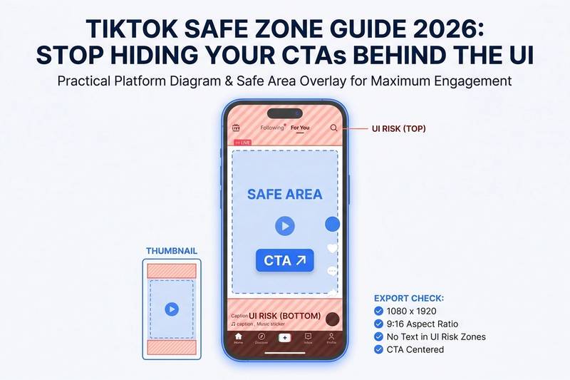 TikTok ad mockup showing safe zones for captions, buttons, and visible CTA placement