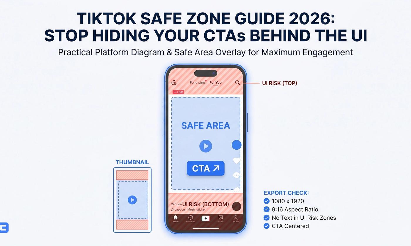 TikTok ad mockup showing safe zones for captions, buttons, and visible CTA placement