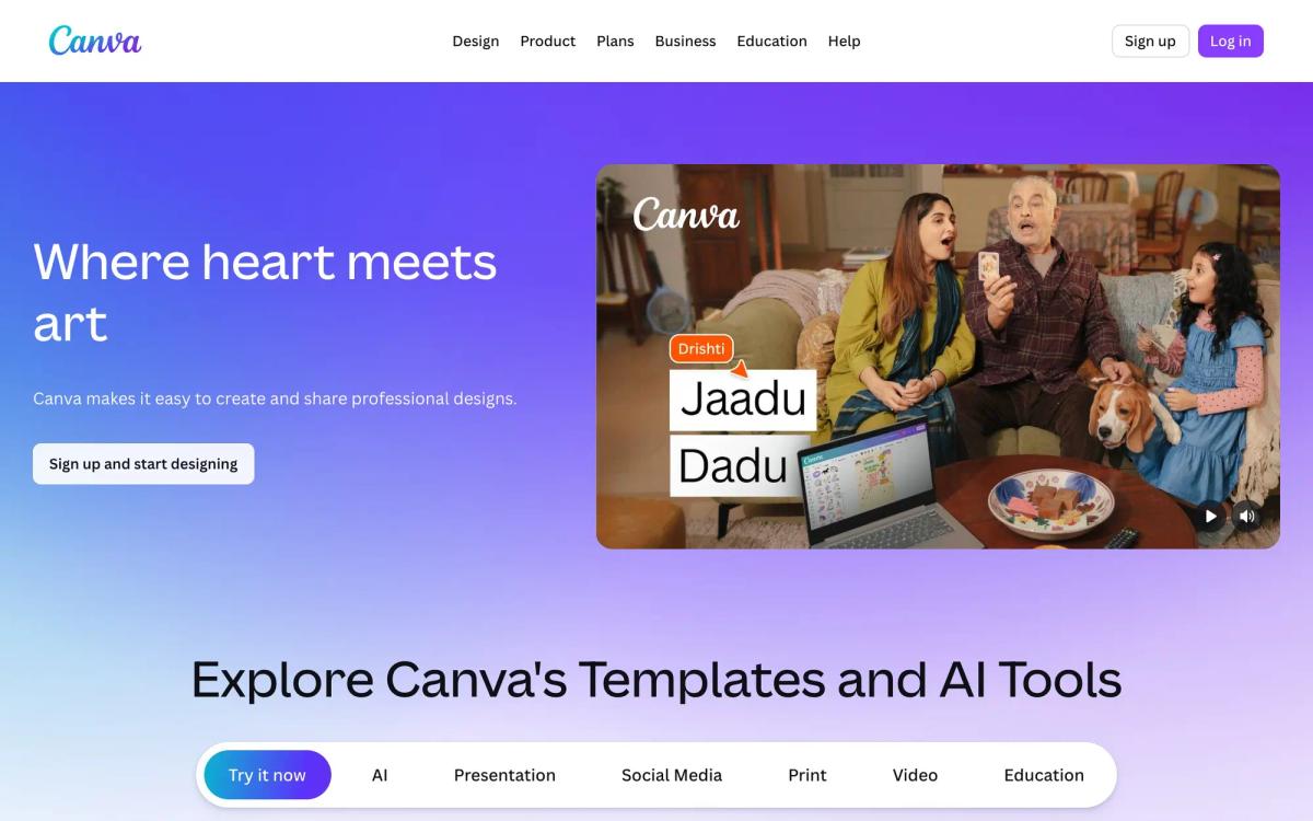 Canva homepage, captured April 2026.