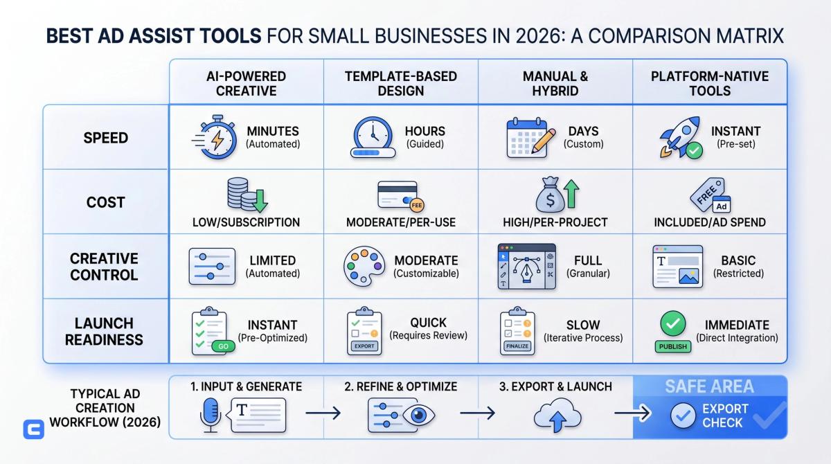 Comparison of ad assist tools for small business creative production, targeting, scheduling, and automation - infographic