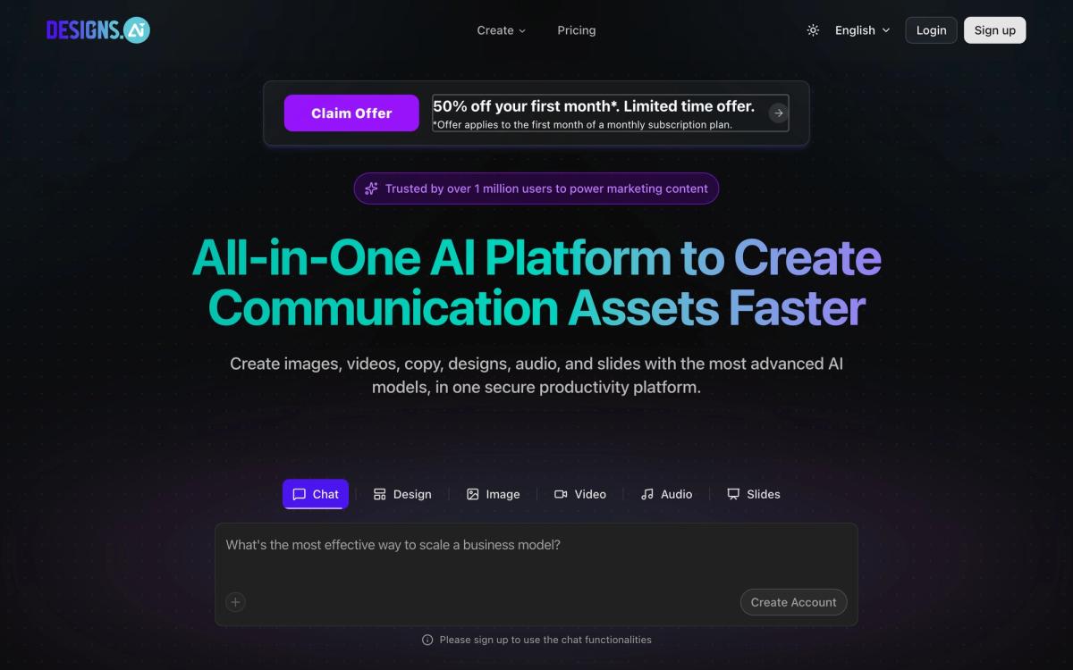 Designs.ai homepage hero screenshot