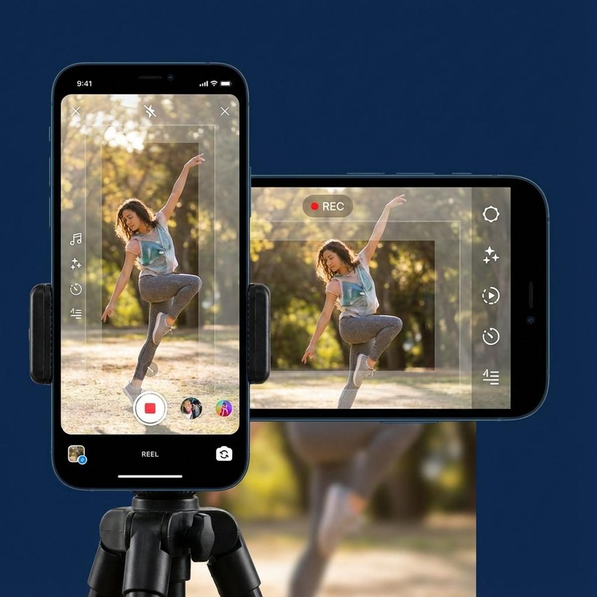 Smartphone filming an Instagram Reel with safe-zone guides, centered subject, and UI icons over a blue gradient background.
