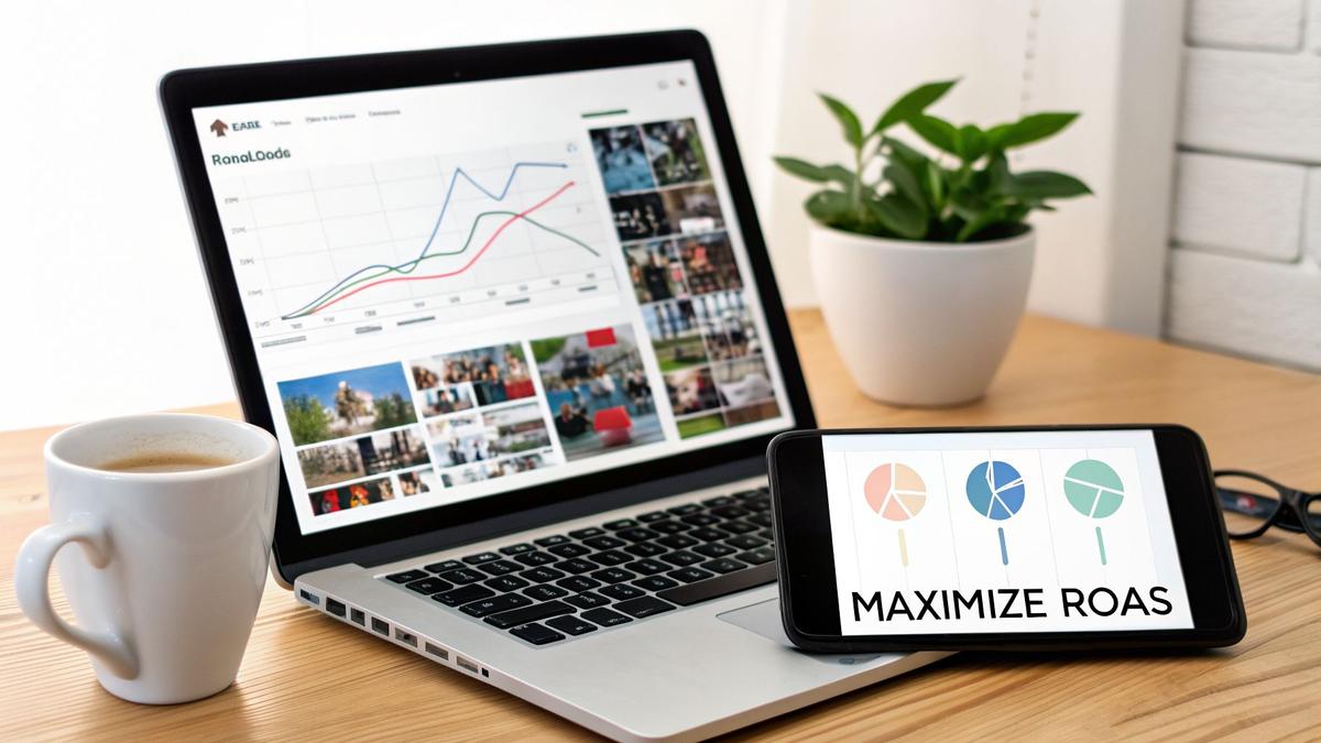 A vibrant work desk with a laptop showing analytics, a phone displaying 'MAXIMIZE ROAS', coffee, and a plant.