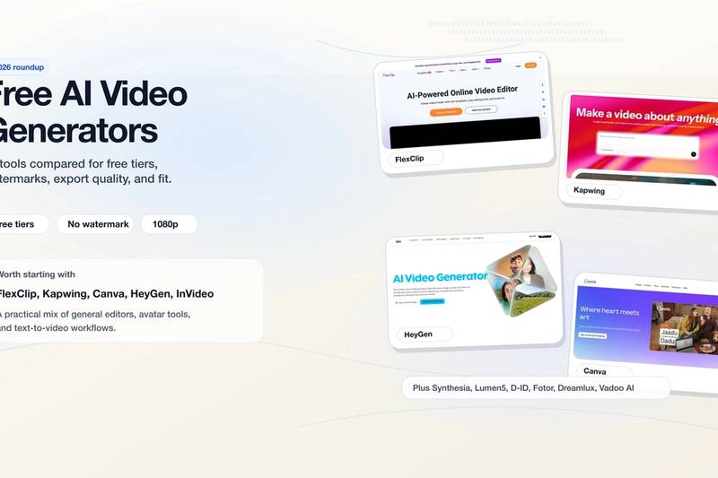 Editorial collage of free AI video generator homepages for a 2026 roundup