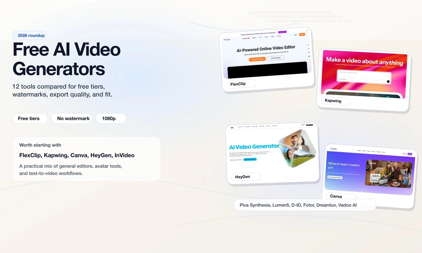 Editorial collage of free AI video generator homepages for a 2026 roundup