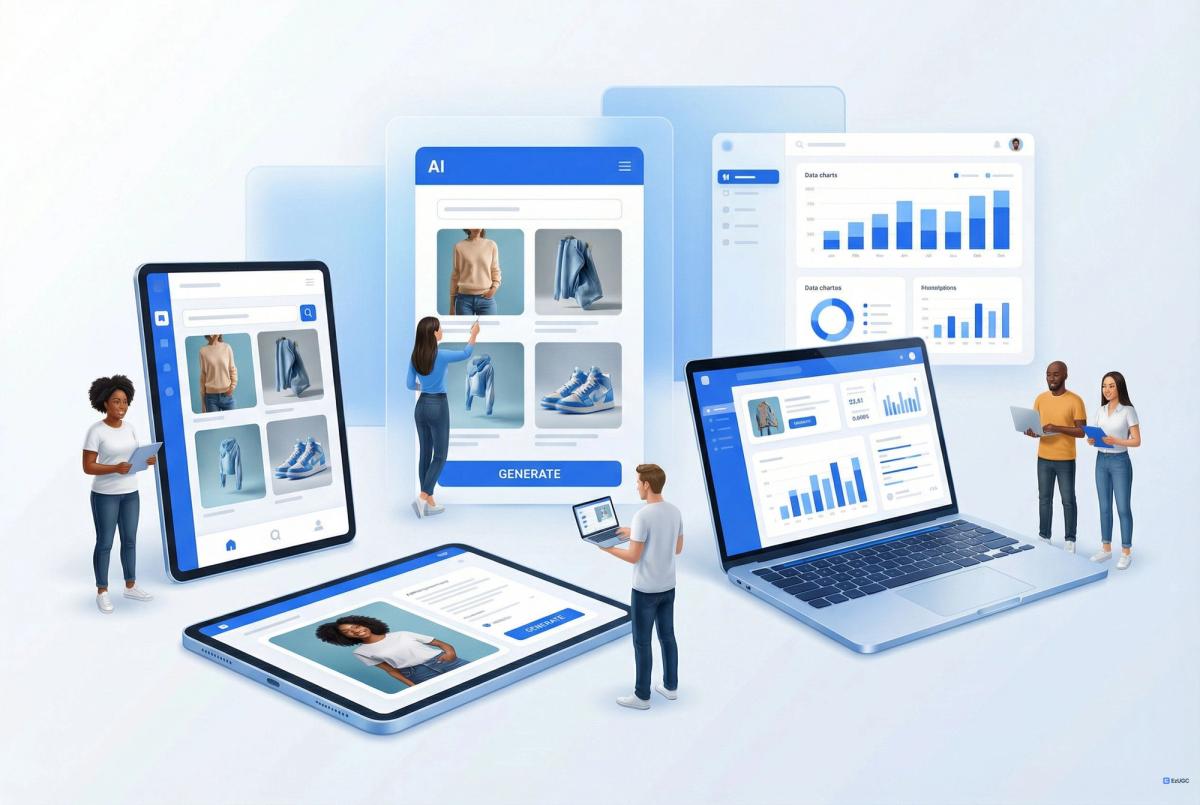 Four diverse models wearing plain white t-shirts and standing side by side.