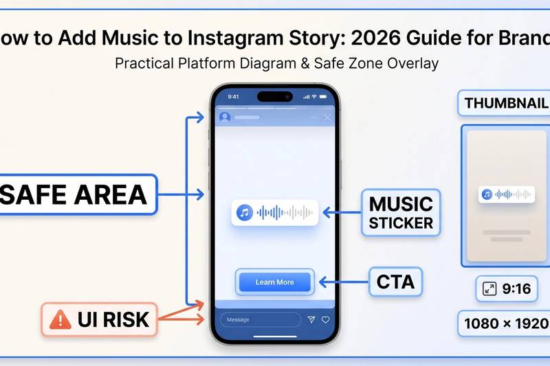 Instagram Story interface with music sticker, waveform, and brand video ad preview
