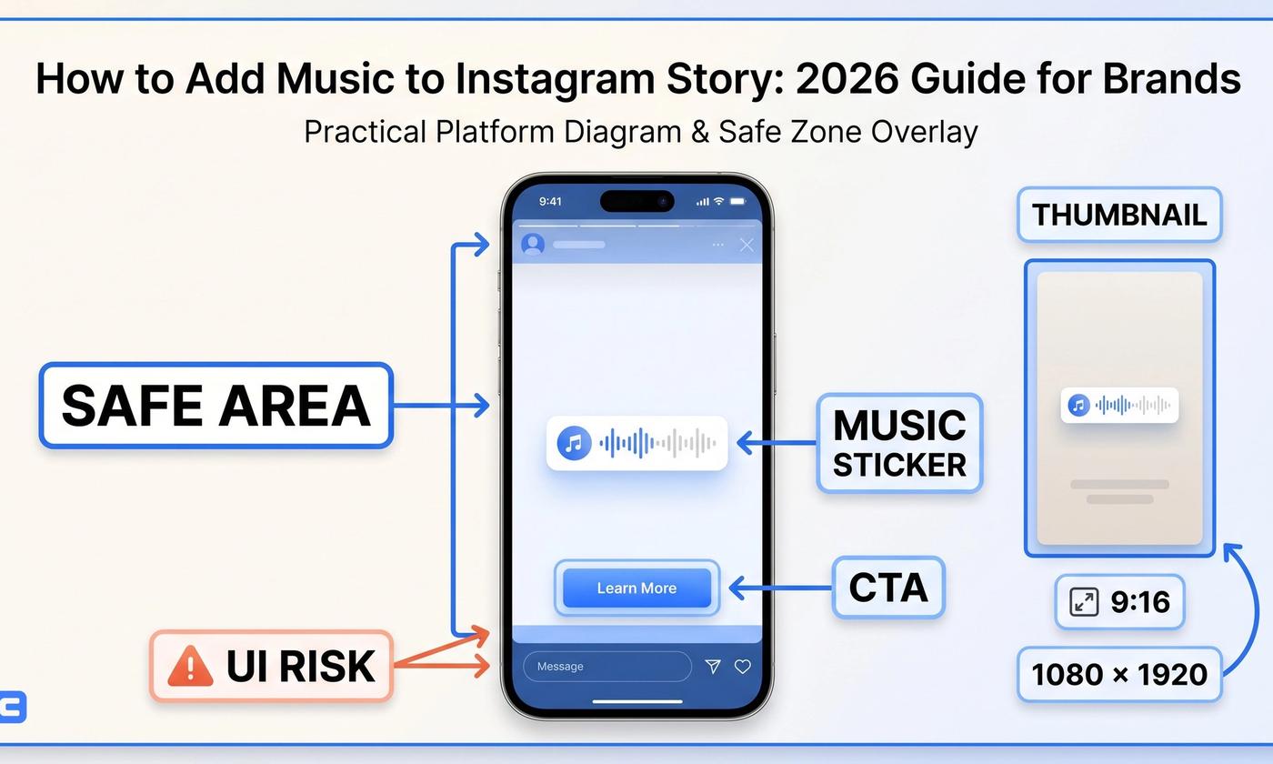 Instagram Story interface with music sticker, waveform, and brand video ad preview