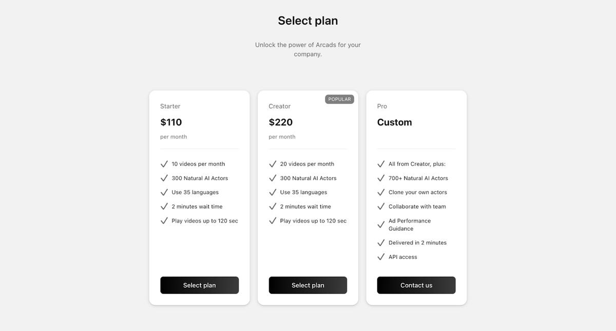 Arcads pricing screenshot